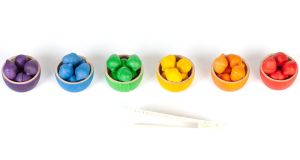 Grapat houten bakjes, eikels en pincet